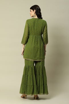 Green Viscose Gathered Printed Kurta Sharara Suit Set image number 5