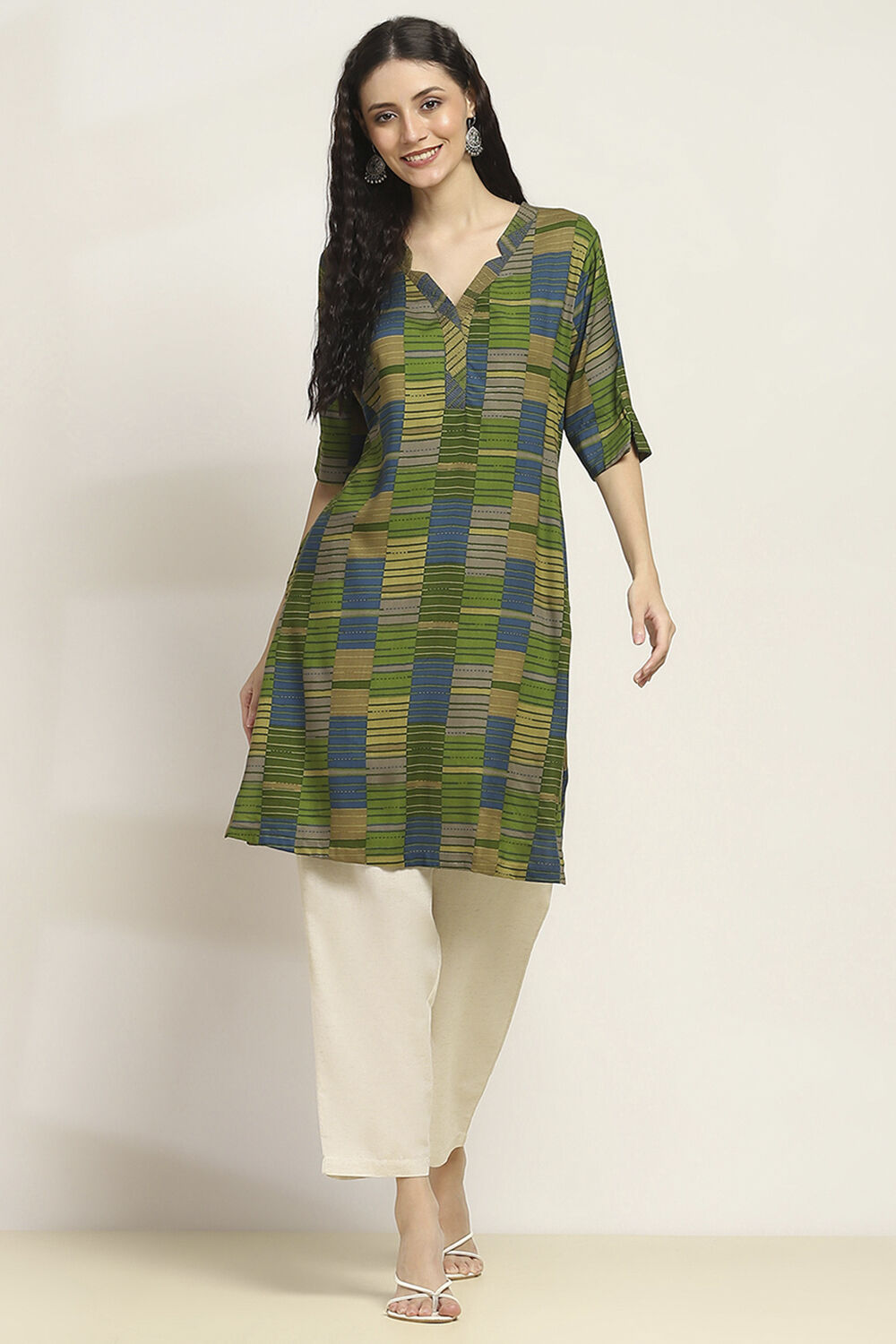 Olive Green Printed Straight Kurta image number 0