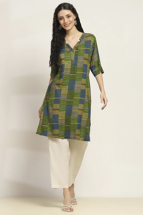 Olive Green Viscose Rayon Printed Straight Kurta image number 0