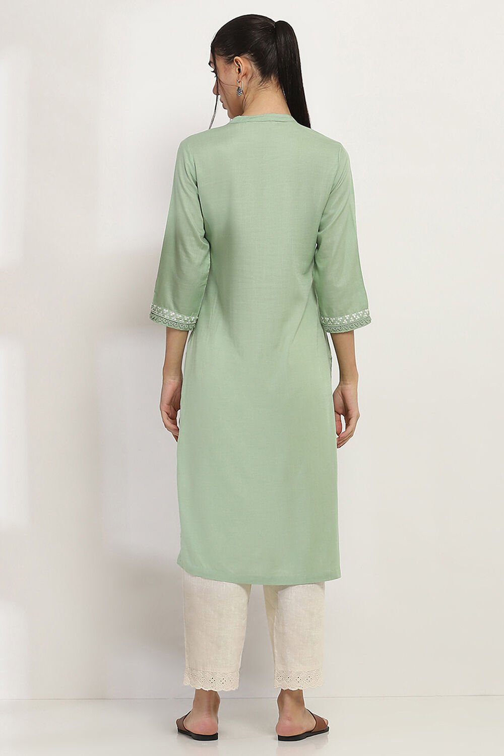 Sage Green Floral Straight Kurta image number 3