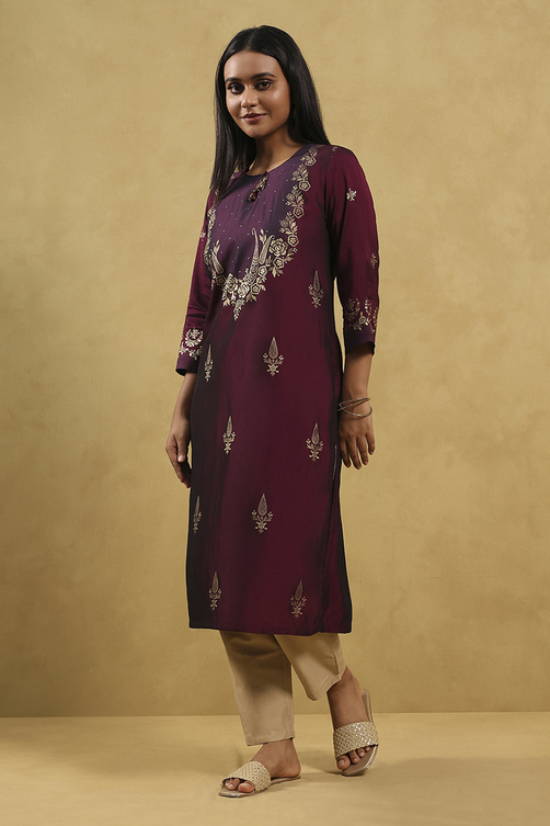 Wine Art Silk Printed Straight Kurta image number 2