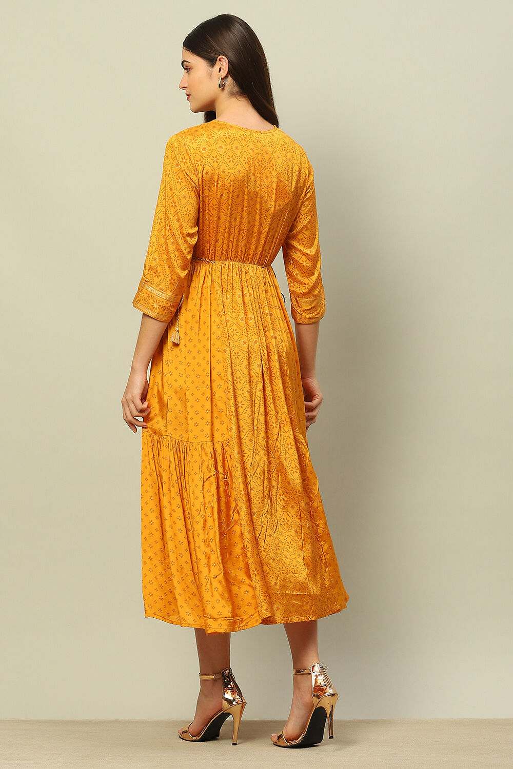 Yellow Viscose Shantoon Printed Tiered Dress image number 3