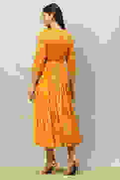 Yellow Viscose Shantoon Printed Tiered Dress image number 3