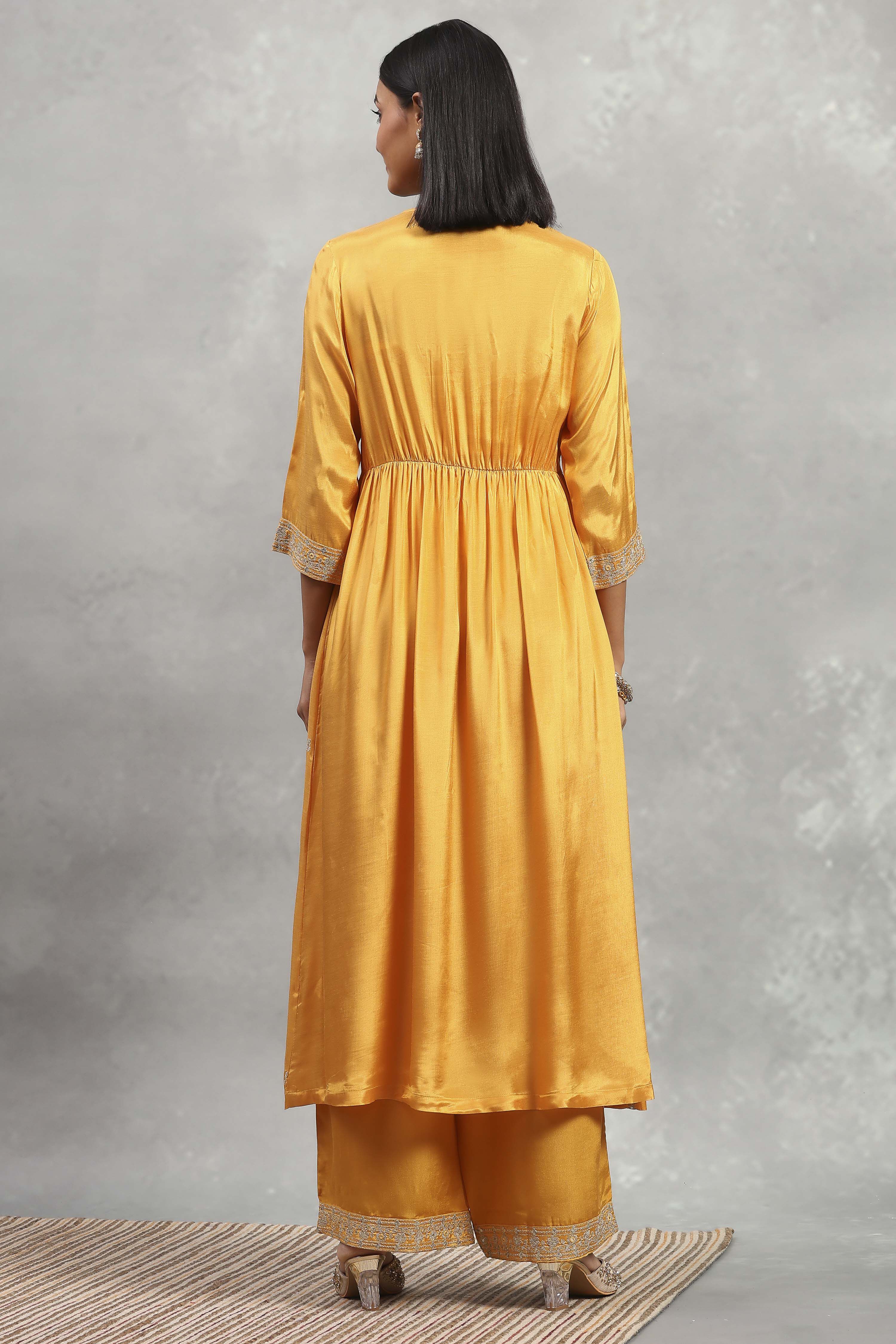Yellow Viscose Rayon Embroidered Gathered Suit Set image number 4