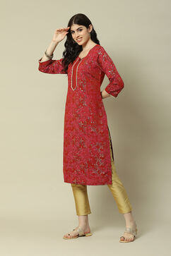 Red LIVA Straight Printed Kurta image number 2