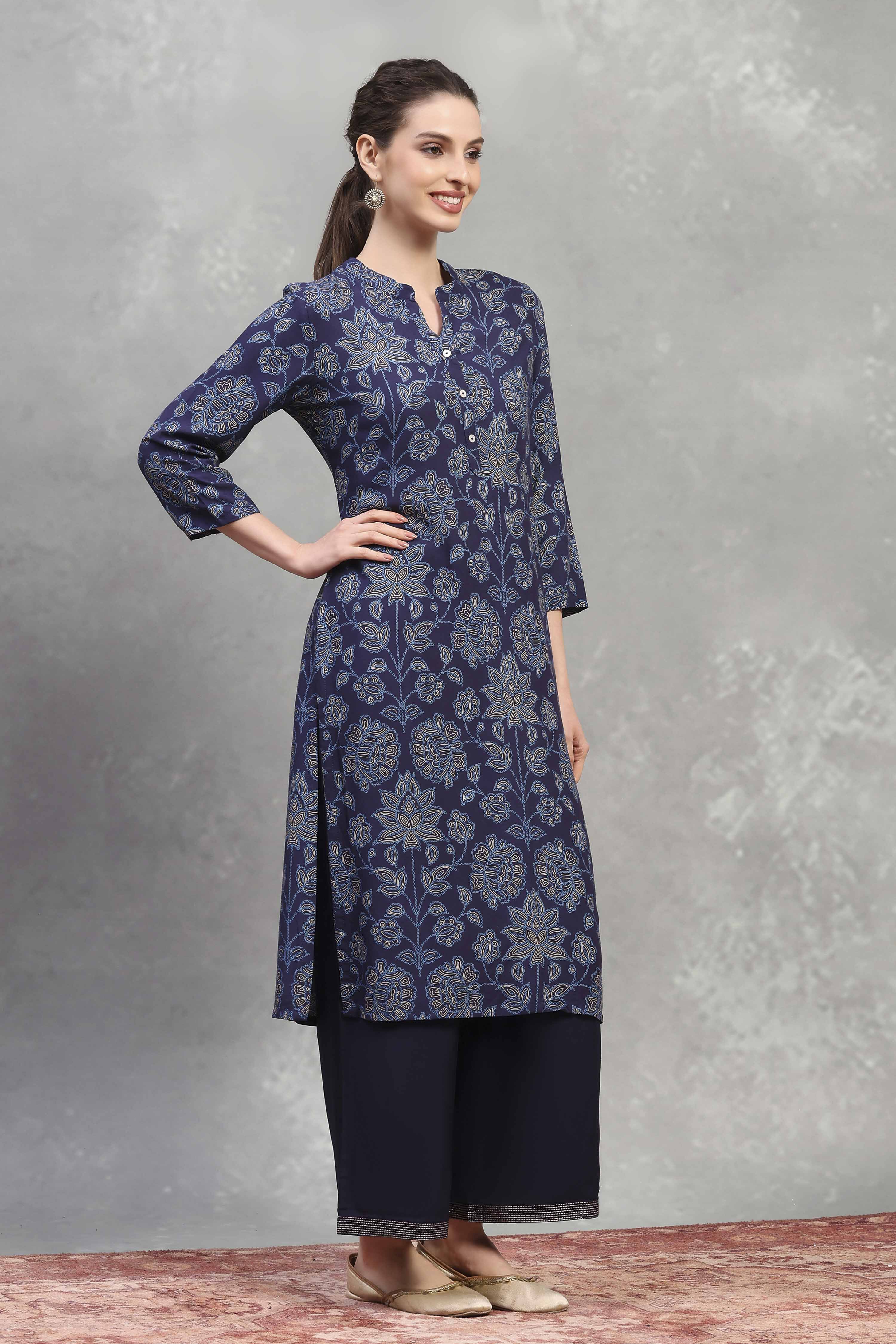 Blue Viscose Rayon Printed Straight Kurta image number 4