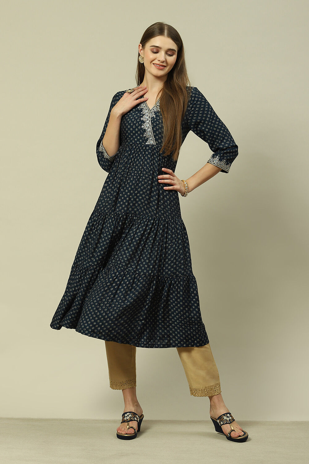 Navy LIVA A-Line Printed Dress image number 5