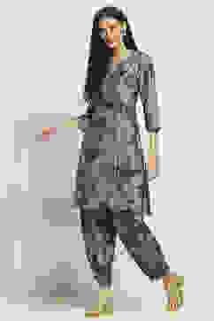 Grey Viscose Blend Printed A-Line Kurta Pants Set image number 3