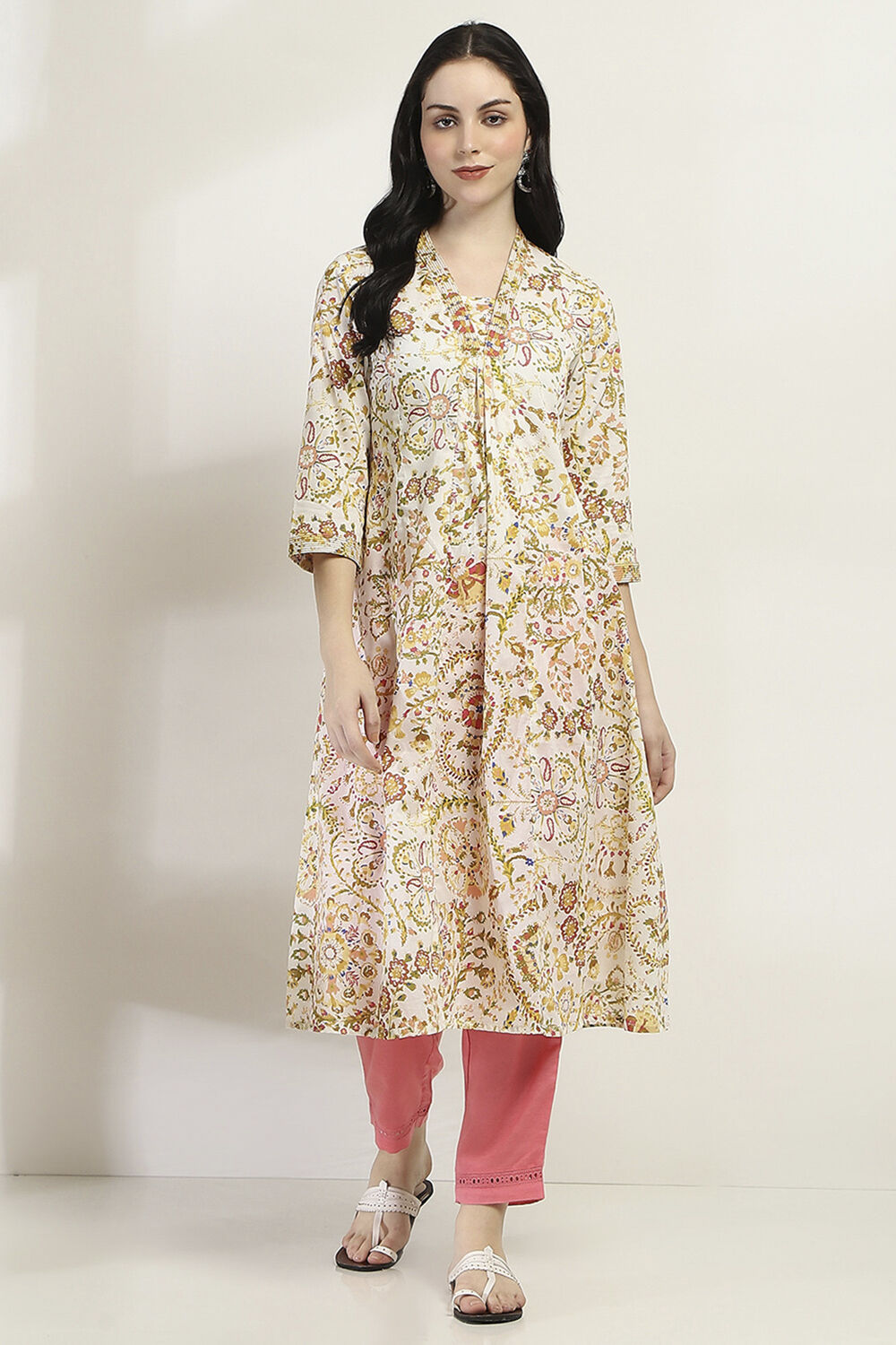 Yellow Cotton Printed Kalidar Kurta image number 0