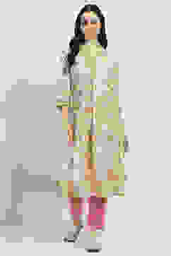 Yellow Cotton Printed Kalidar Kurta image number 0