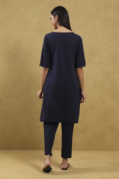 Indigo Blue Cotton Solid Gathered Suit Set image number 4