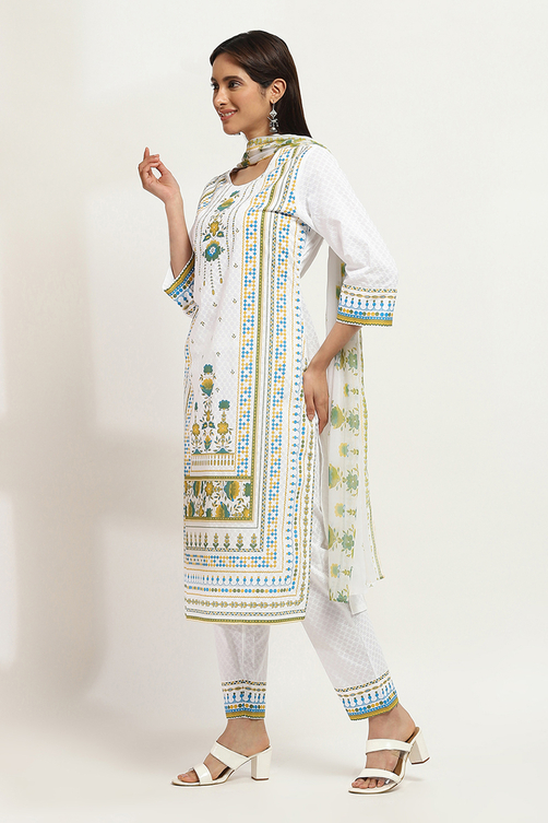 White Cotton Printed Straight Suit Set image number 3