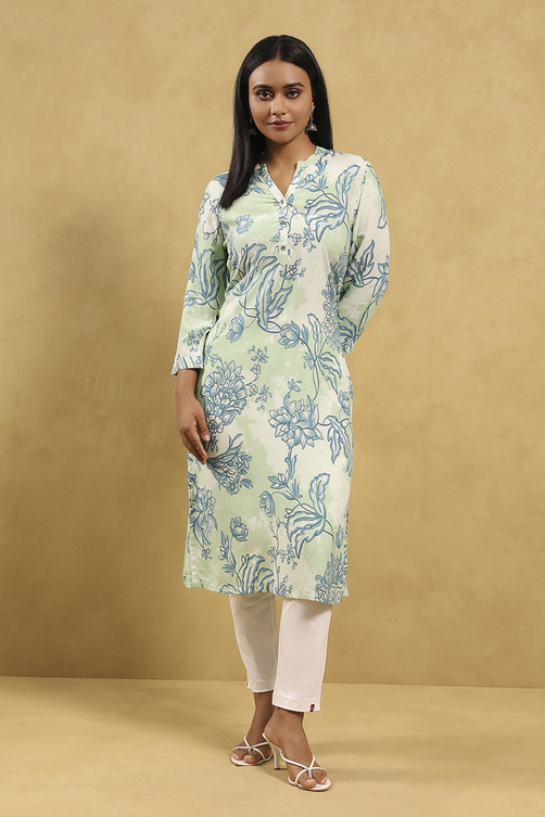 Sea Green Printed Straight Kurta image number 5
