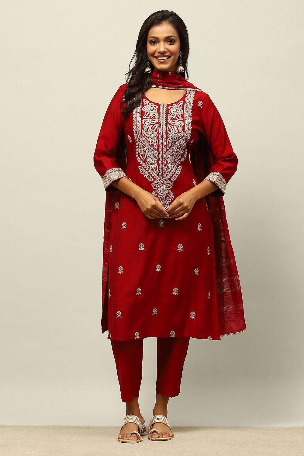 Maroon Viscose Blend Straight Embroidered Kurta Palazzo Suit Set image number 6