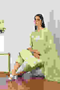 Yellow Viscose Polyester Straight Suit Sets image number 0