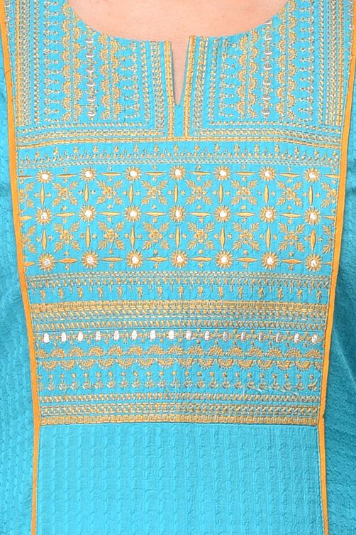 Turquoise Straight Cotton Kurta image number 4