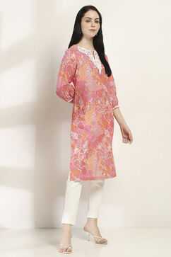 Pink Cotton Floral Straight Kurta image number 4