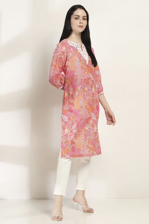 Pink Cotton Straight Kurta image number 4