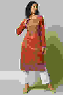 Red Acrylic Straight Printed Kurta image number 0