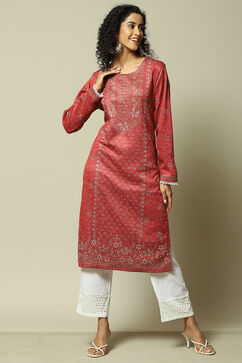 Red Acrylic Straight Printed Kurta image number 0