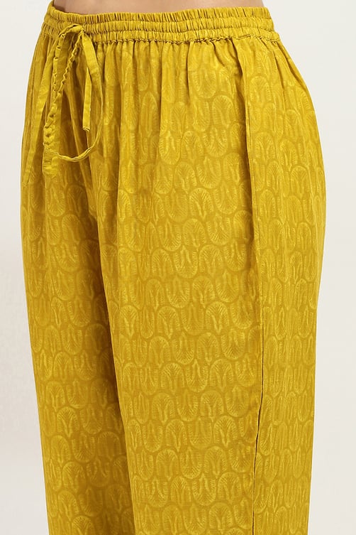 Yellow Rayon Slub Gathered Printed Kurta Palazzo Suit Set image number 2
