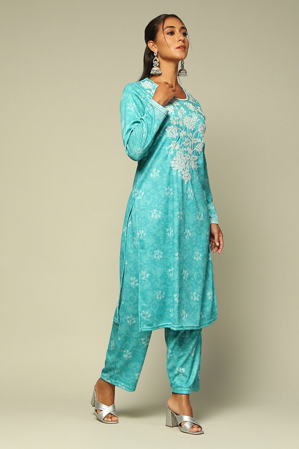 Aqua Blue Polyster Melange Straight Printed Kurta Palazzo Suit Set image number 5