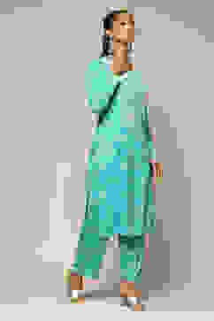 Aqua Blue Polyster Melange Straight Printed Kurta Palazzo Suit Set image number 5