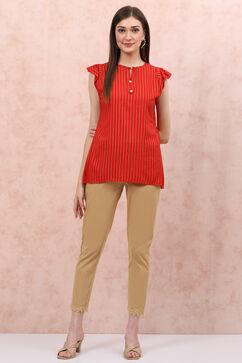 Beige Poly Cotton Slim Pants image number 5