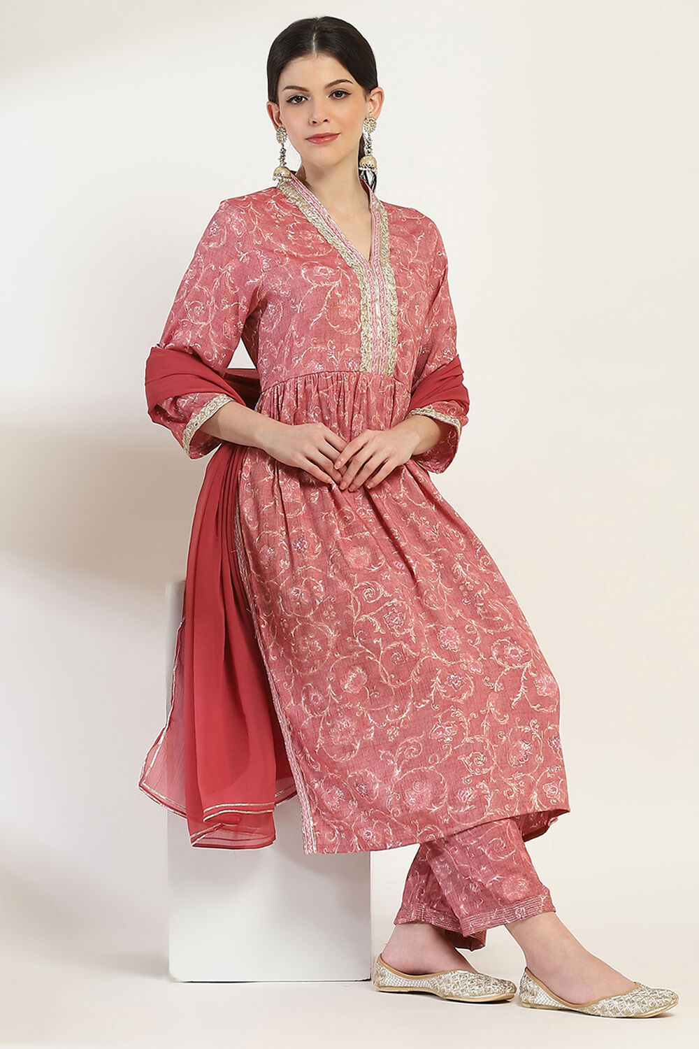 Grey Printed Gathered Suit Set image number 6