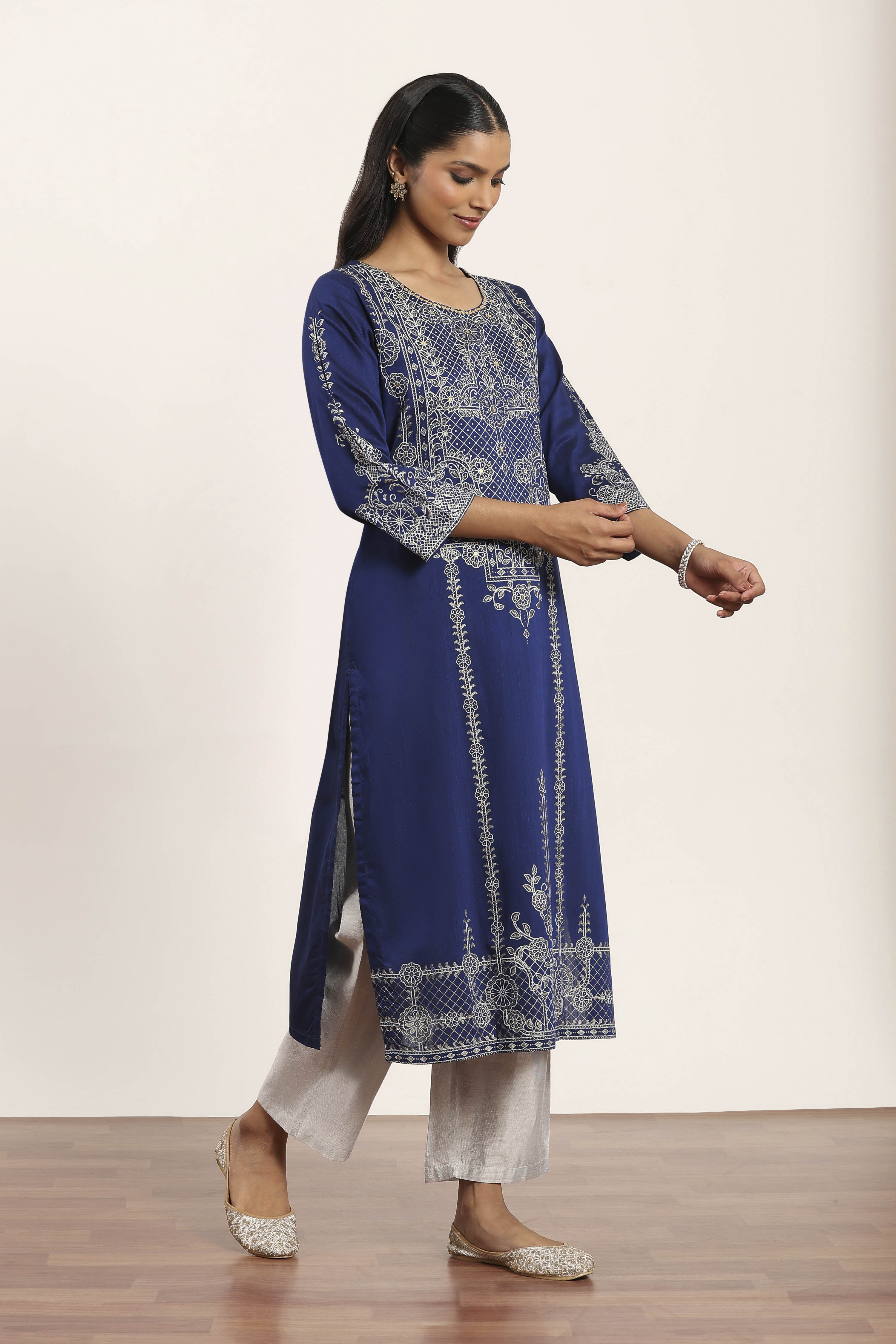 Blue Polyester Straight Kurta Pants Set image number 5