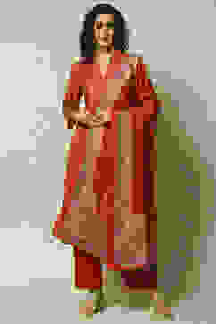 Rust Polyester Straight Printed Kurta Palazzo Suit Set image number 7