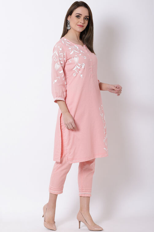 Peach Cotton Straight Kurta image number 3