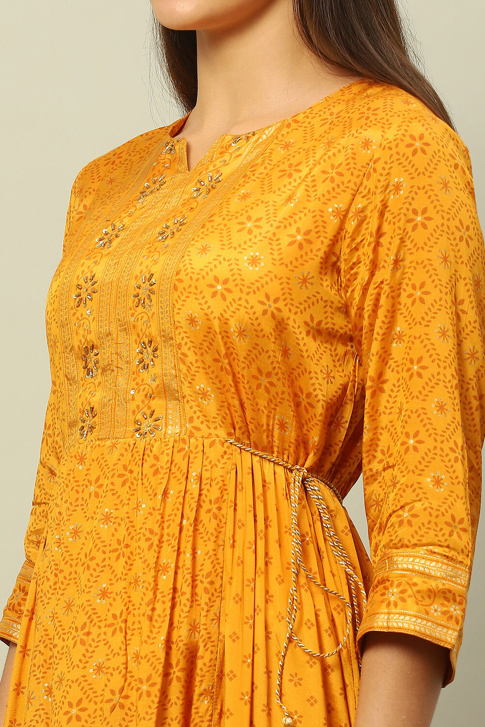 Yellow Viscose Shantoon Printed Tiered Dress image number 1