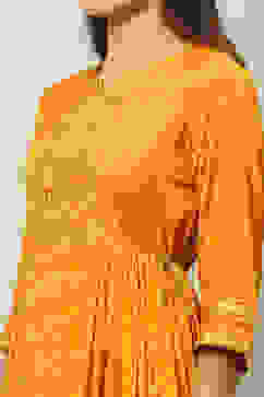 Yellow Viscose Shantoon Printed Tiered Dress image number 1