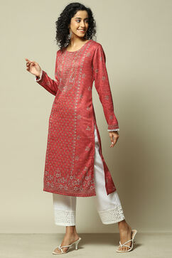 Red Acrylic Straight Printed Kurta image number 2