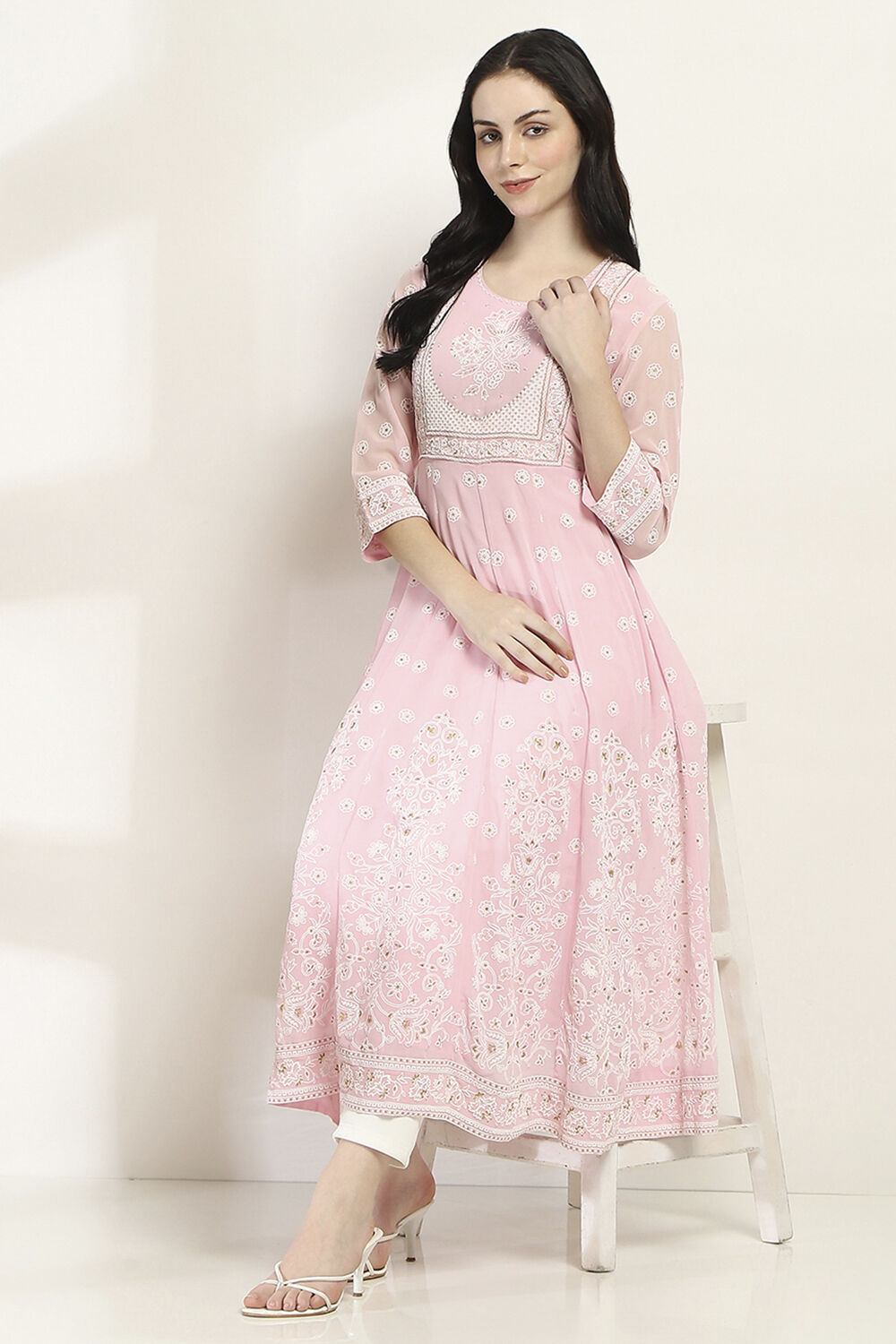 Pink Printed Kalidar Kurta image number 0