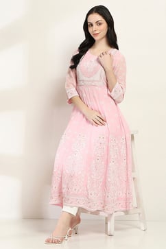 Pink Printed Kalidar Kurta image number 0
