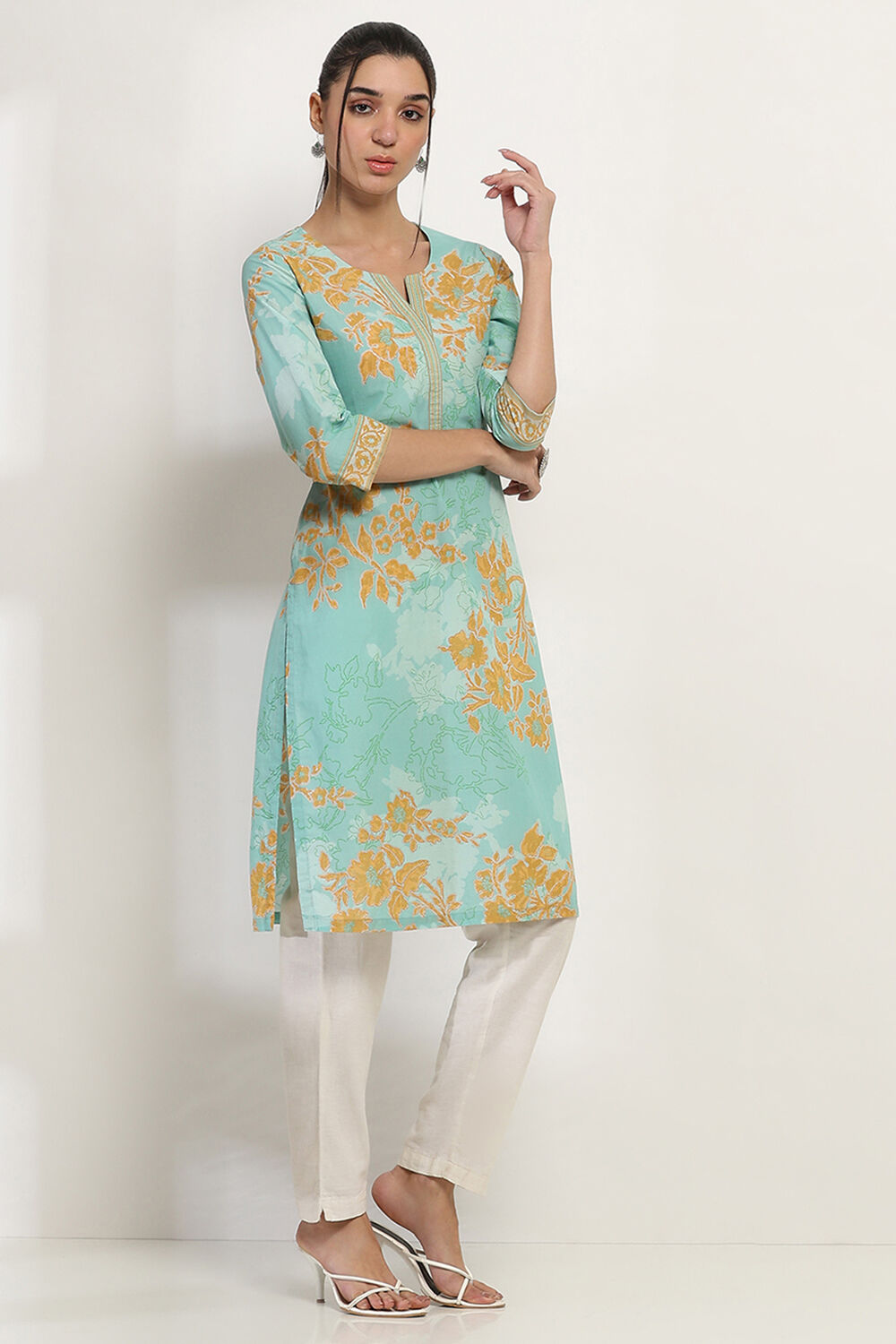 Aqua Cotton Printed Straight Kurta image number 4