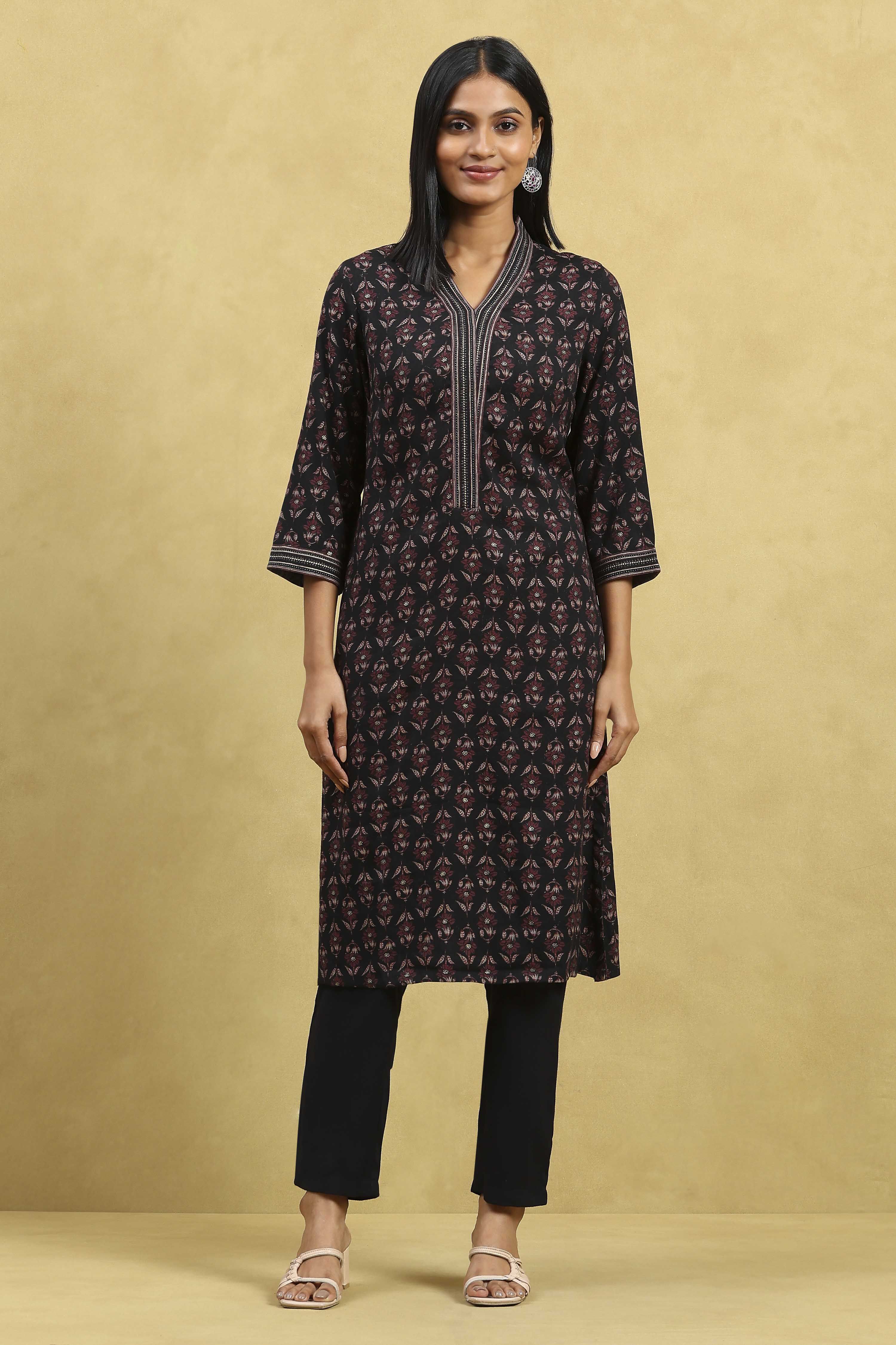 Brown Viscose Blend Printed Straight Kurta Pants Set image number 6