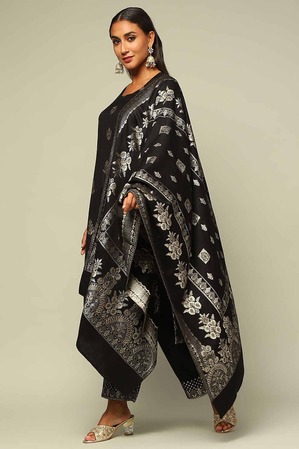 Black Acrylic Straight Yarn Dyed Kurta Palazzo Suit Set image number 3