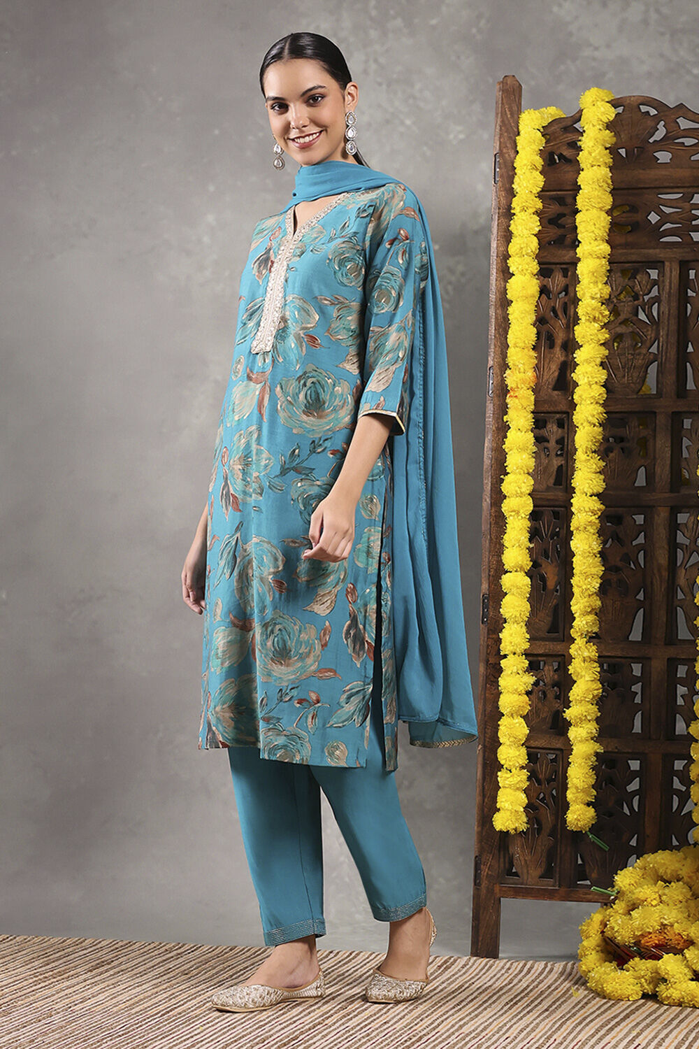 Aqua Viscose Blend Printed Straight Suit Set image number 3