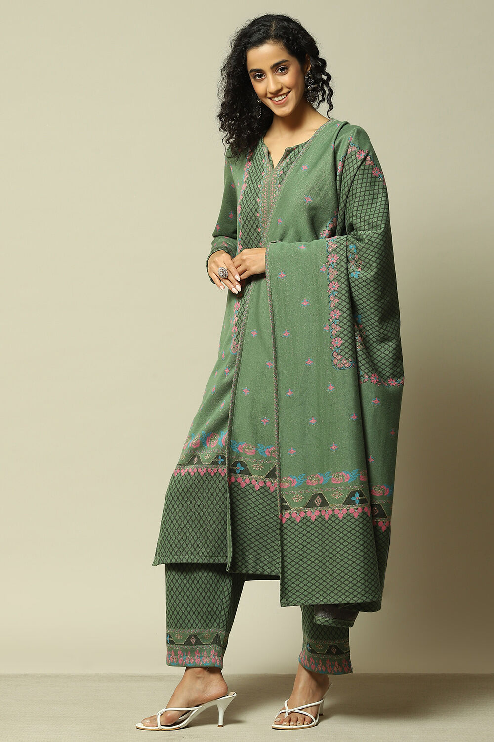 Green Cotton Blend Straight Printed Kurta Palazzo Suit Set image number 0