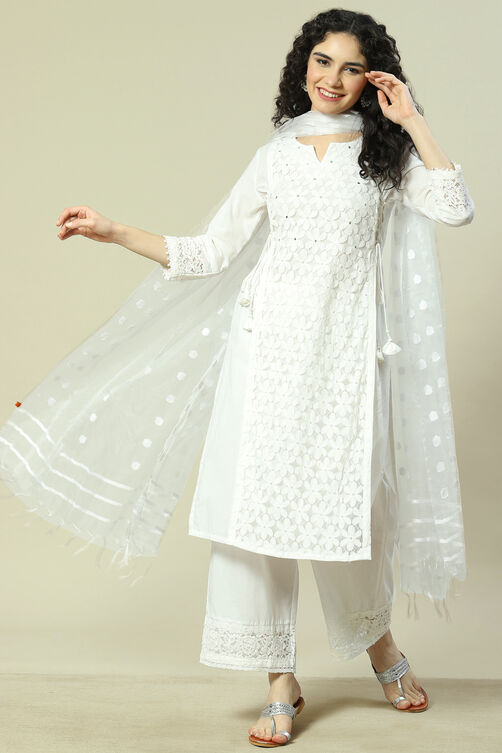 White Cotton Straight Suit Set image number 0