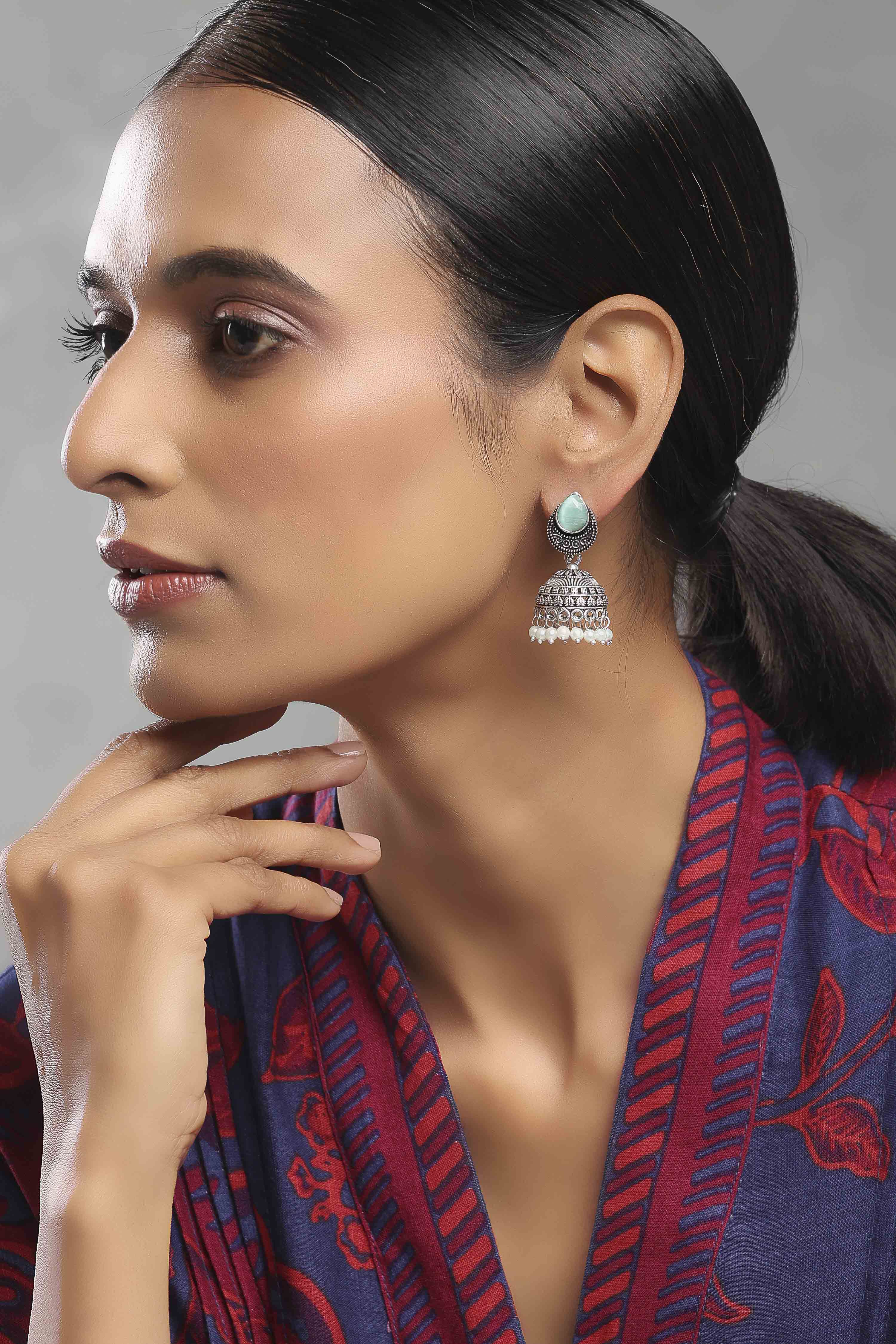 Mint Green Brass Jhumka image number 3