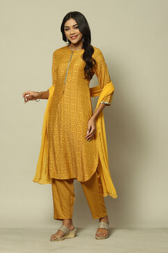 Yellow LIVA Straight Printed Suit Set image number 5