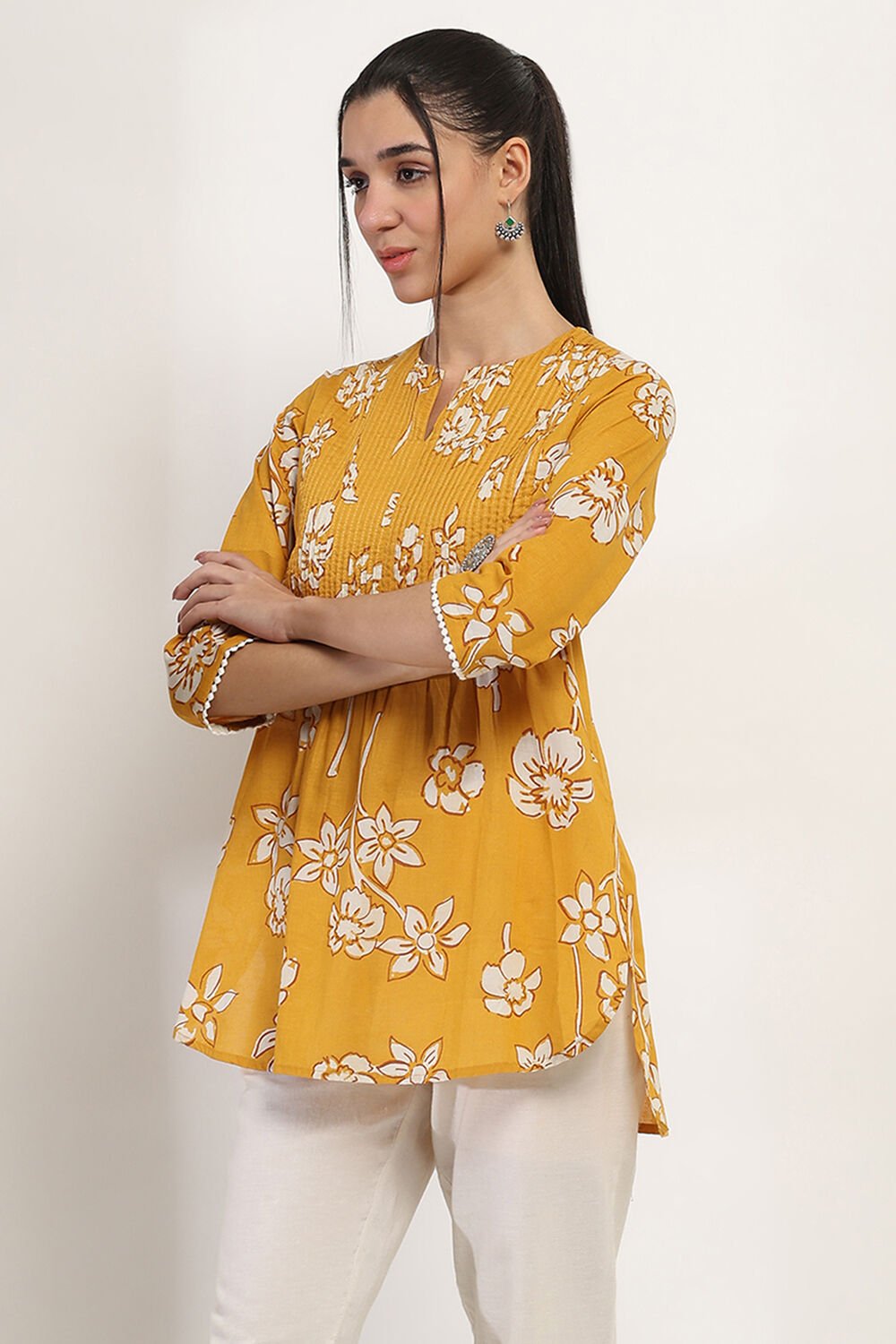 Mustard Yellow Cotton Printed Indie Top image number 2