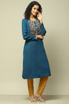 Teal Blue Acrylic Solid Kurta image number 4