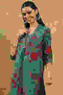 Teal Viscose Blend Printed Straight Kurta Pants Set image number 1