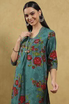 Teal Viscose Blend Printed Straight Kurta Pants Set image number 1