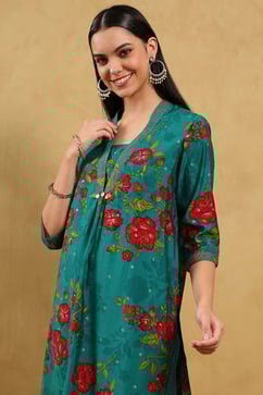 Teal Viscose Blend Printed Straight Kurta Pants Set image number 1